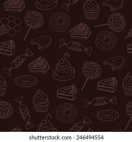 Seamless background with sweets, cake, cupcake drawn by hand