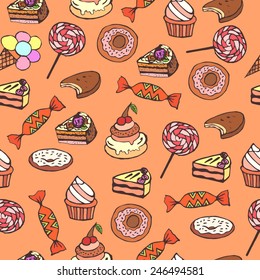 Seamless background with sweets, cake, cupcake drawn by hand
