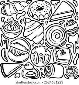 seamless background with sweets, Hand drawn bakery elements, Bakery and cake doodle element, Bakery Stickers Hand Drawn Doodle Coloring Vector
