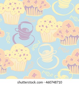 Seamless background with sweets and pastries. Tea party. Vector 