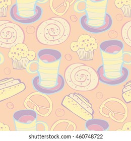 Seamless background with sweets and pastries. Tea party. Vector 