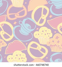 Seamless background with sweets and pastries. Tea party. Vector 