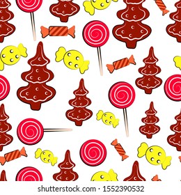 Seamless background with sweets. Pattern with Christmas tree-shaped gingerbread cookies and sweets. Pattern on a white background with Christmas baking and sweets. 