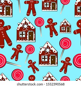 Seamless background with sweets. Pattern with Christmas gingerbread cookies in the shape of a house and a person. Pattern on a blue background with Christmas baking and sweets. 