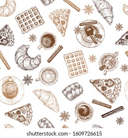 Seamless background with sweets and tea. Endless pattern hand-drawn sketches of delicious food and drinks. Vector Wallpaper, the style of engraving. Menu design, packaging, wrapper, banner, advertisin
