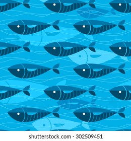 Seamless background with swimming blue fishes in ocean