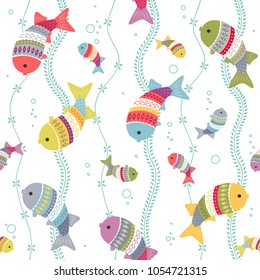 Seamless  background with swimming sea color fish and seaweed,
wave abstract modern pattern, vector design.