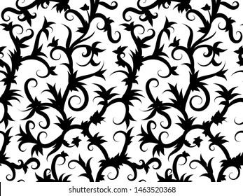 Seamless background of swirling tropical vines in black and white. Print for fabric.