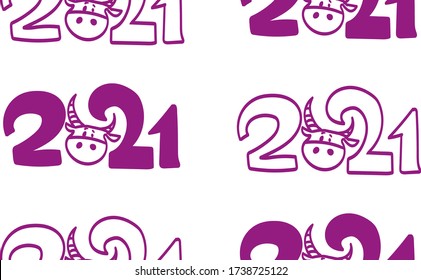 seamless background with the symbol of the Chinese New Year 2021, the year of the ox, numbers stylization, funny cow, the symbol of the year of the calf, bull face, flat picture, 2021 logo