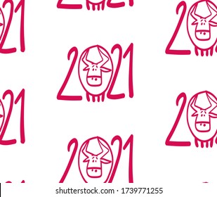 seamless background with the symbol of the new Chinese 2021, stylized numbers 2021, bull, funny ox, one color image, flat picture, logo 2021
