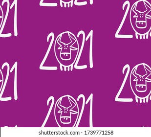 seamless background with the symbol of the new Chinese 2021, stylized numbers 2021, bull, funny ox, one color image, flat picture, logo 2021
