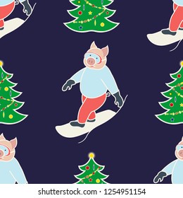 seamless background with the symbol of the new year 2019. Pig is engaged in winter sports. Snowboarder and christmas tree. On a dark background. Vector illustration