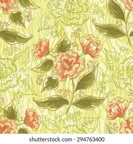 Seamless Background, Symbolical Red Orange Flowers, Green Leaves, Contours and Abstract Pattern. Eps10, Contains Transparencies. Vector