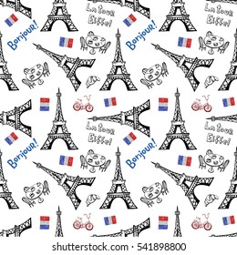 Seamless background with symbols of Paris - Eiffel Tower and other
