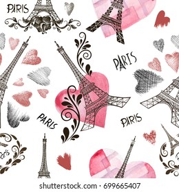 Seamless background with symbols of Paris - Eiffel Tower and a heart