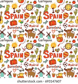 Seamless background with symbols of Spain - Catalonia, Madrid, Cartagena
