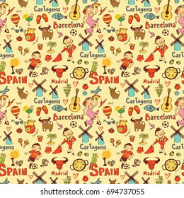Seamless background with symbols of Spain - Catalonia, Madrid, Cartagena