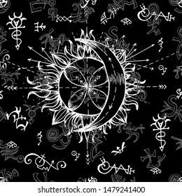 Seamless background with symbols of sun and moon, alchemy.  Vector engraved illustration in gothic and mystic style. No foreign language, all signs are fantasy