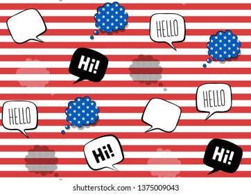 Seamless background with symbols of USA and bubble speech with a greeting in the English language. Vector illustration