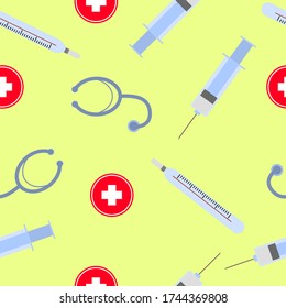 Seamless background, syringe, thermometer, medical cross and phonendoscope. Vector illustration flat design.
