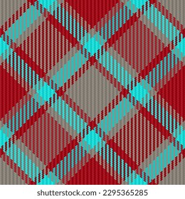 Seamless background tartan. Pattern fabric check. Textile texture vector plaid in cyan and red colors.