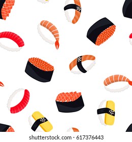 Seamless background with tasty rolls and sushi.