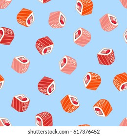 Seamless background with tasty rolls and sushi.