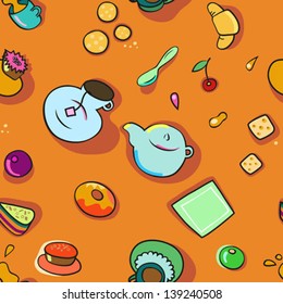 Seamless background with tea and cupcakes.