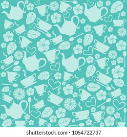 Seamless background with Tea Party symbols. Menu pattern. Mint background.  Decorative elements for your  design. Vector Illustration