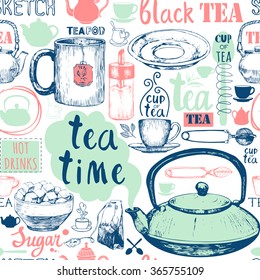 Seamless background with Tea Party symbols. Menu pattern. Vector Illustration with funny drinks lettering and labels on white. Decorative elements for your packing design. Multicolor decor.
