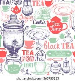 Seamless background with Tea Party symbols. Menu pattern. Vector Illustration with funny drinks lettering and labels on white. Decorative elements for your packing design. Multicolor decor.