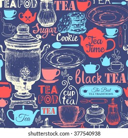 Seamless background with Tea Party symbols. Menu pattern. Vector Illustration with funny drinks lettering and labels. Decorative elements for your packing design. Multicolor decor.