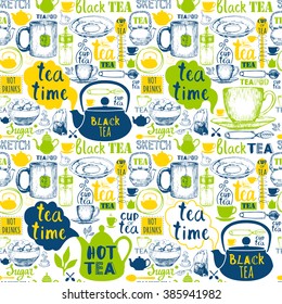 Seamless background with Tea Party symbols. Menu pattern. Vector Illustration with funny drinks lettering and labels on white. Decorative elements for your packing design. Multicolor decor.