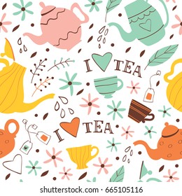 Seamless background with tea pots and tea