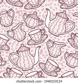 El fondo es impecable y hay un set de té. Tetera de dibujo a mano, jarra de leche, tazón de azúcar, tazas y platillos. Diseño rosa. 