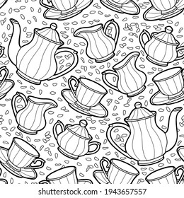 Seamless background with tea set. Hand drawing teapot, milk jug, sugar bowl and cups and saucers. Coloring page. Outline. 