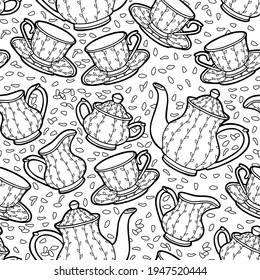 Seamless background with tea set. Hand drawing teapot, milk jug, sugar bowl and cups and saucers. Coloring page. Outline. 