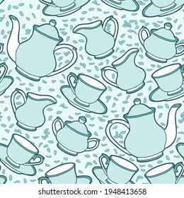 Seamless background with tea set. Hand drawing teapot, milk jug, sugar bowl and cups and saucers. Turquoise design. 