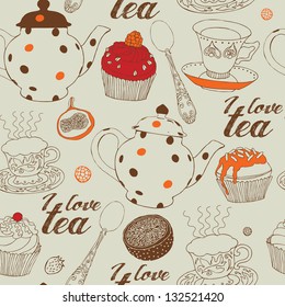 Seamless background with tea and sweets. Vector illustration.