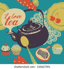 Seamless background with tea and sweets.Vector illustration.