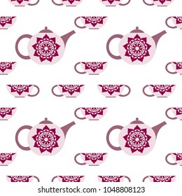 Seamless background with a teapot and cups.