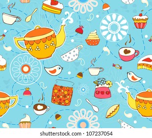 Seamless background with a teapot, cups and cakes