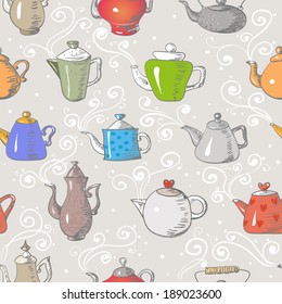 Seamless background with teapots.