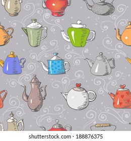 Seamless background with teapots. Can be used for wallpaper, pattern fills, textile, web page background, surface textures. Vector illustration.