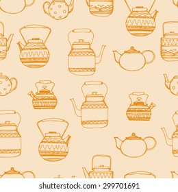 Seamless background with teapots. Can be used for wallpaper, pattern fills, textile, web page background, surface textures. Vector illustration.