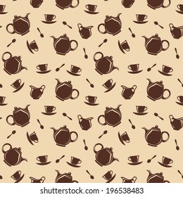 Seamless background with teapots and cups. Vector illustration.