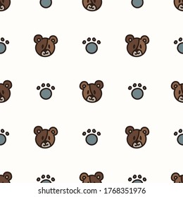 Seamless background teddy bear face and paw gender neutral baby pattern. Simple whimsical minimal earthy 2 tone color. Kids nursery wallpaper or boho cartoon animal fashion all over print.