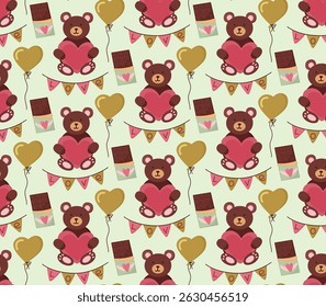 Seamless background with teddy bears, garland, chocolate, balloon, heart. pattern with pastel pink hearts. Cute pattern isolated for Happy Valentines Day