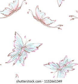 Seamless background from tender butterflies. Beautiful light blue butterflies chaotically fly. Seamless soft background with flying moths. Suitable for fabric, paper, packaging.