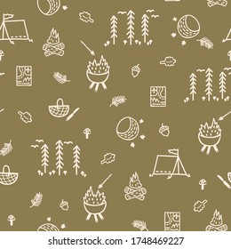 Seamless background tent gender neutral baby pattern. Simple whimsical minimal earthy 2 tone color. Kids nursery wallpaper or boho camping fashion all over print